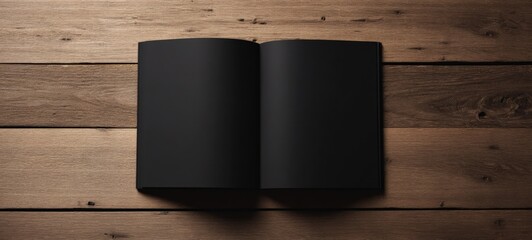 Open blank black photo album or scrapbook lying flat on wooden surface with empty pages for personalized designs and memories