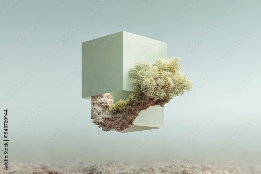 Poster Abstract Floating Cube with Organic Growth Elements in Minimalist Style for Sustainable Tech Branding and Modern Innovation Concepts