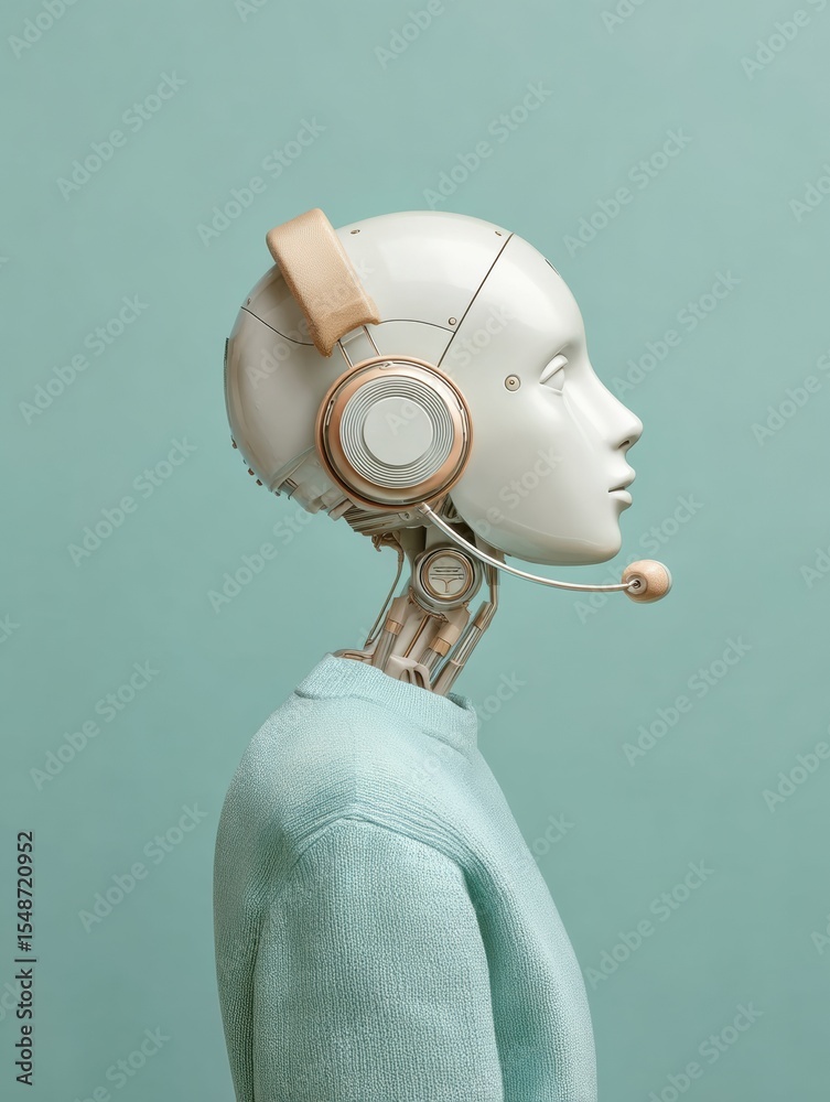 Poster futuristic ai call center robot in casual apparel with headset, showcasing automation and efficiency