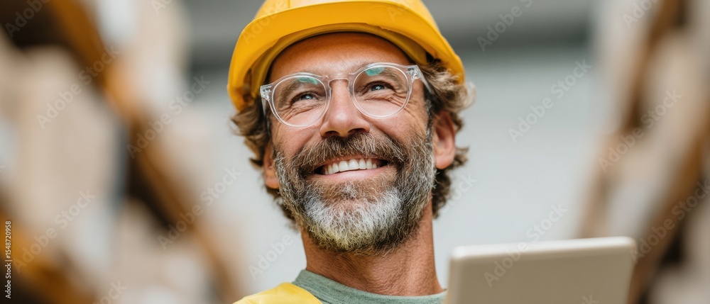 Poster Smiling Warehouse Worker in Safety Gear Using Tablet in Modern Distribution Center - Efficient Inventory Management and Logistics Productivity