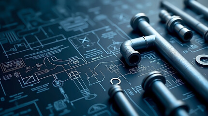 Plumbing blueprint with metal pipes fittings and technical drawings in a dark blue tone