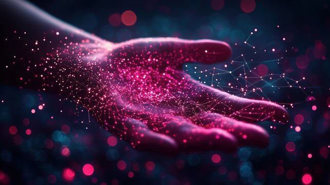 AI Tech Concept: Human Hand Connecting Digital Data Flow on Purple Background, Symbolizing Innovation-Driven Technology