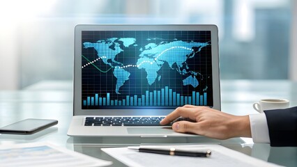 Businessman analyzing global market data on laptop
