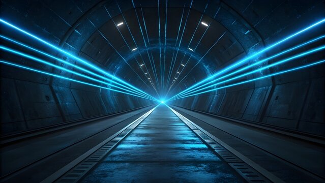Futuristic blue neon tunnel with glowing lines