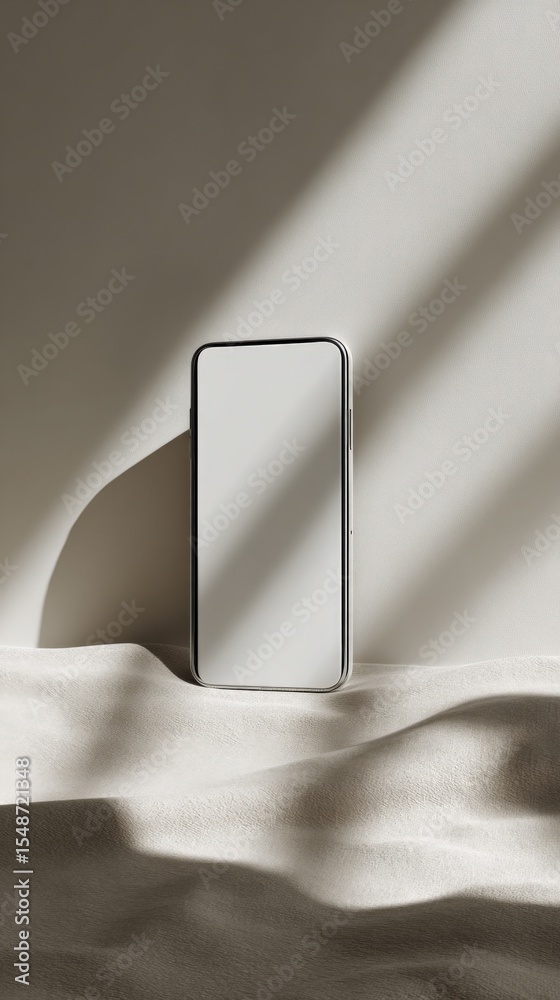 Aufkleber Modern sleek smartphone with large blank screen standing upright on soft fabric surface in minimalistic setting with shadow play and natural lighting