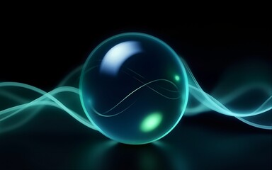 Abstract 3D sphere flowing light lines wave blue green gradient isolated on black background. Vector in concept of AI technology, science, music, modern. High quality