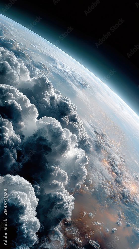 Poster High-Resolution Celestial Earth Image from Space Showing Atmospheric Clouds and Planet Curvature for Environmental Awareness and Global Unity Campaigns