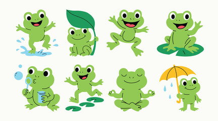 Cute Frog Illustration, Cute Frog Jumping, Meditating, Waving Hand
