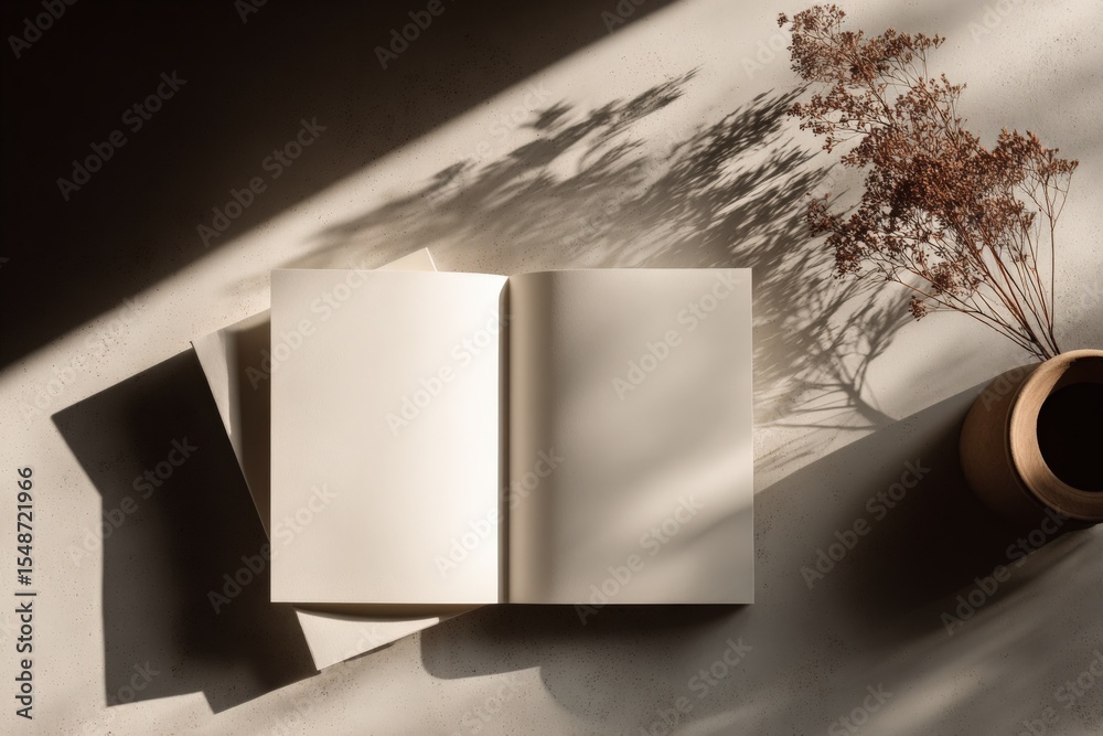Poster Open blank notebook with elegant shadow effects on a smooth surface next to a small brown vase with dried flowers, minimalistic flat lay style