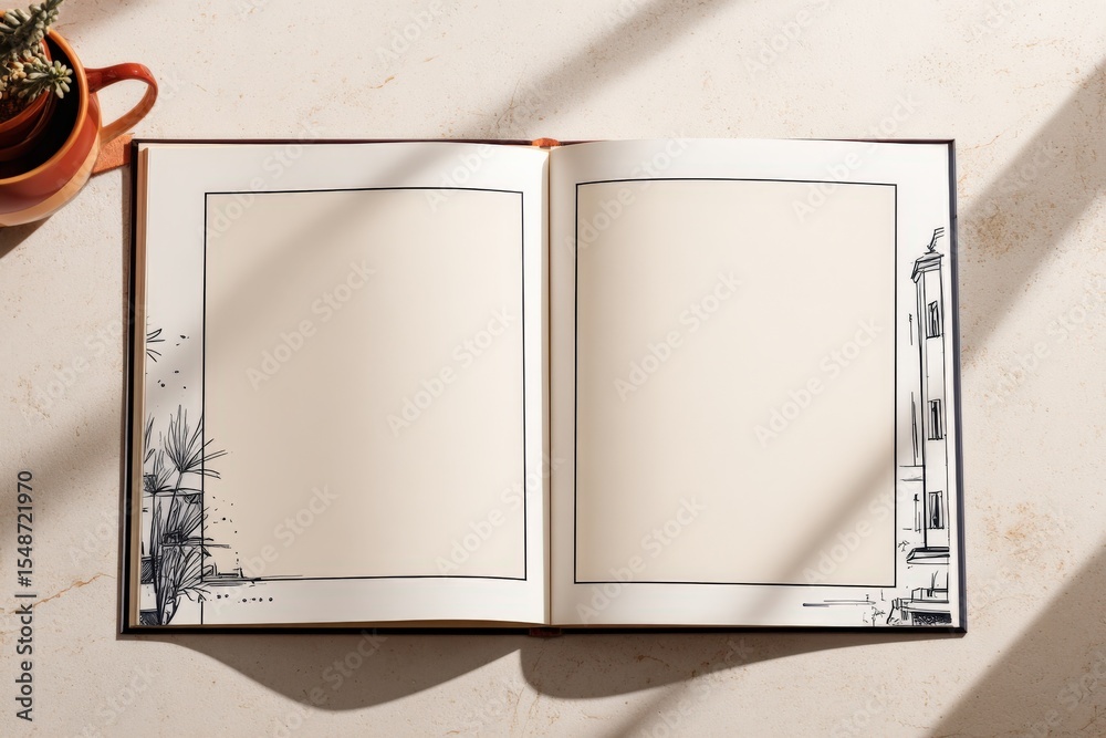Poster Open empty sketchbook with lined pages on a light surface with a potted plant in corner and subtle shadow light background