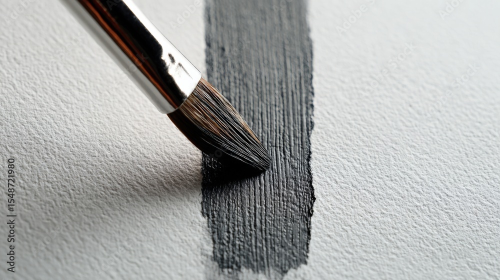 Poster close-up of a paintbrush applying dark gray paint to a textured white wall with a detailed view of b
