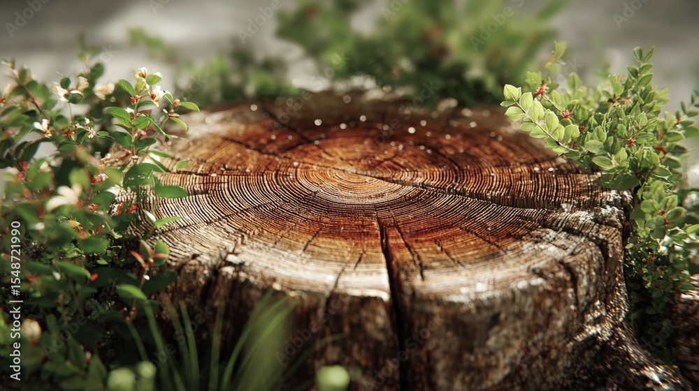 Poster close-up of a weathered ancient tree stump with visible growth s surrounded by lush green plants in 