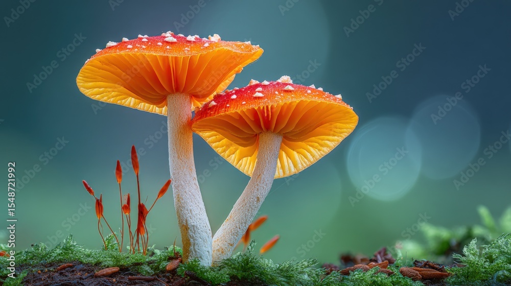 Aufkleber close-up of vibrant orange and yellow mushrooms with detailed gills and dew drops on caps in a lush 