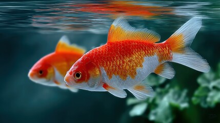Two vibrant goldfish swimming in clear water with aquatic plants and ripple reflections creating a lively underwater scene