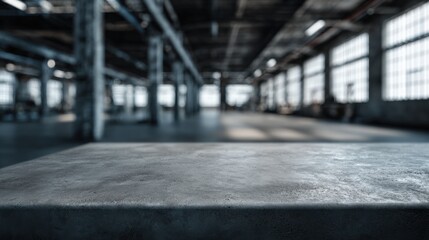 Empty warehouse interior with large , industrial space with concrete floor, high ceiling, and steel support beams