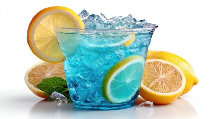 Refreshing blue drink with lemon slices and ice