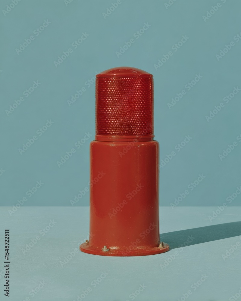 Poster modern red emergency siren alert light with cylindrical beacon design on minimalist blue background 