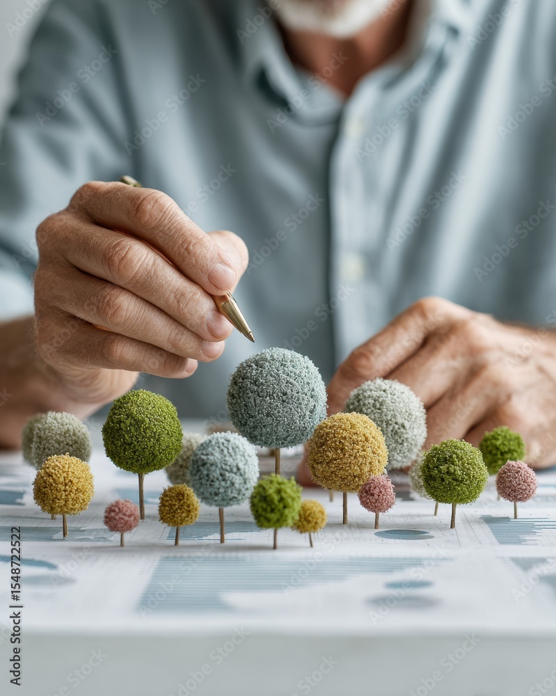 Poster sustainable business strategy with esg data analysis and miniature toy trees representing air qualit