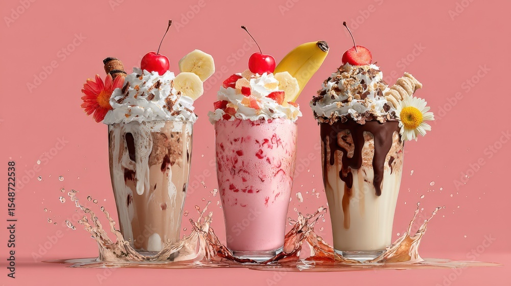 Poster Assorted Milkshakes with Fruits Cookies and Flowers on Pink Background with Splash Effect for Refreshing Dessert Drink Concept