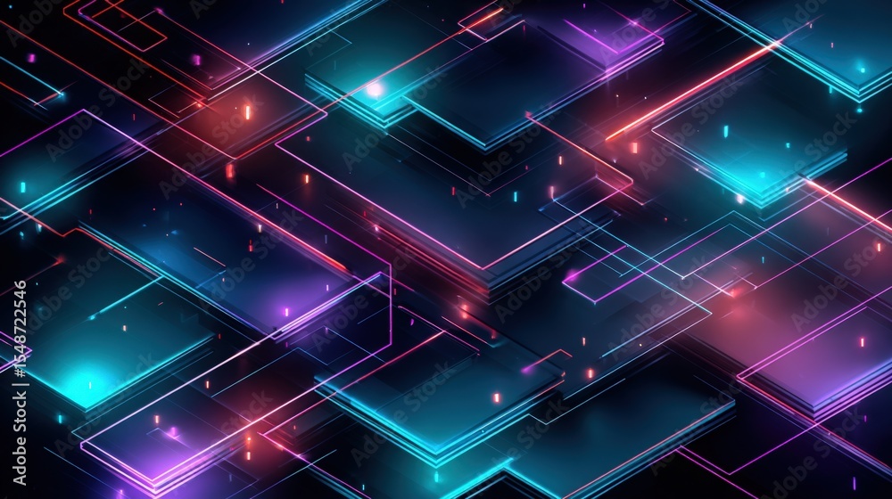 Poster futuristic neon grid lines and glowing digital geometric shapes on dark background with vibrant ligh