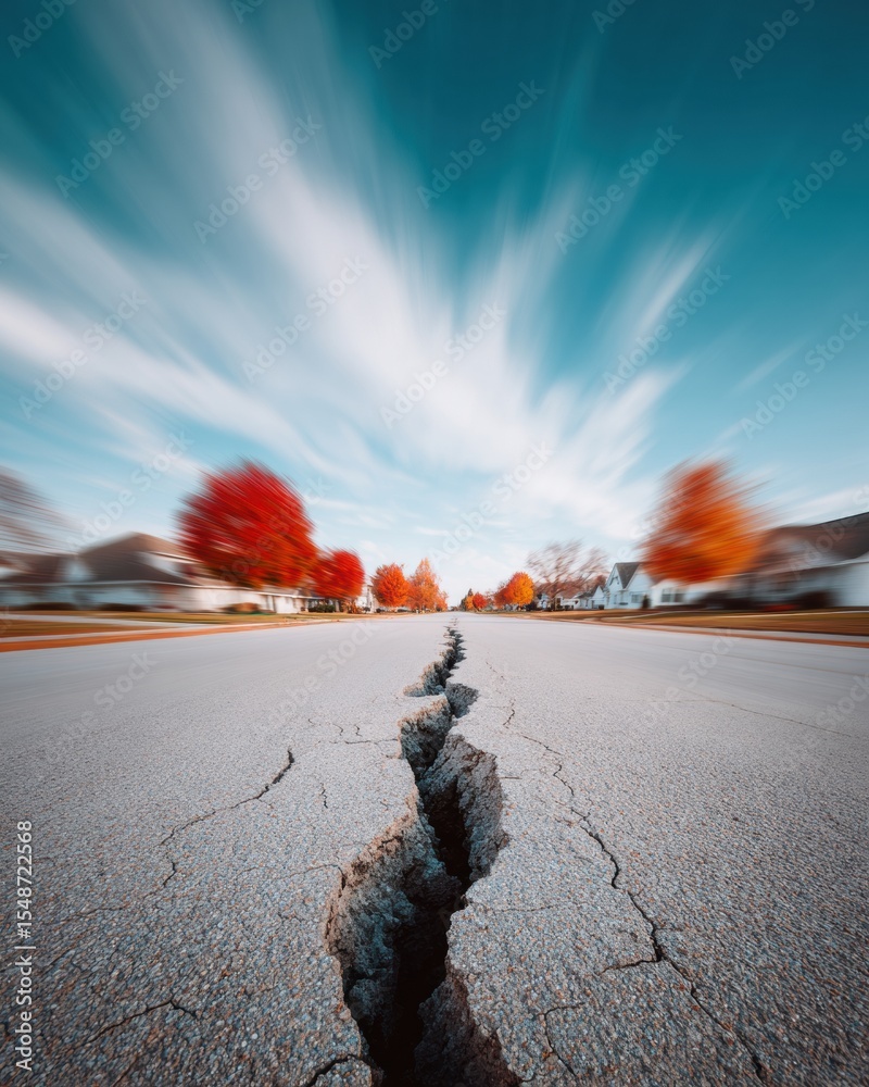 Aufkleber earthquake aftershock cracked pavement in suburban neighborhood with emergency response focus on com