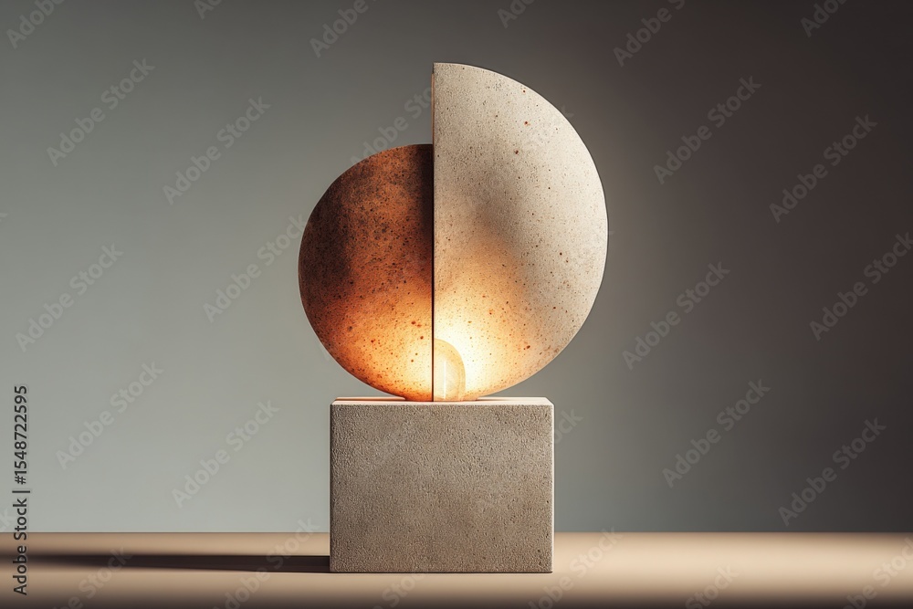 Poster modern minimalist concrete sculpture with half-moon geometric design illuminated by soft lighting on