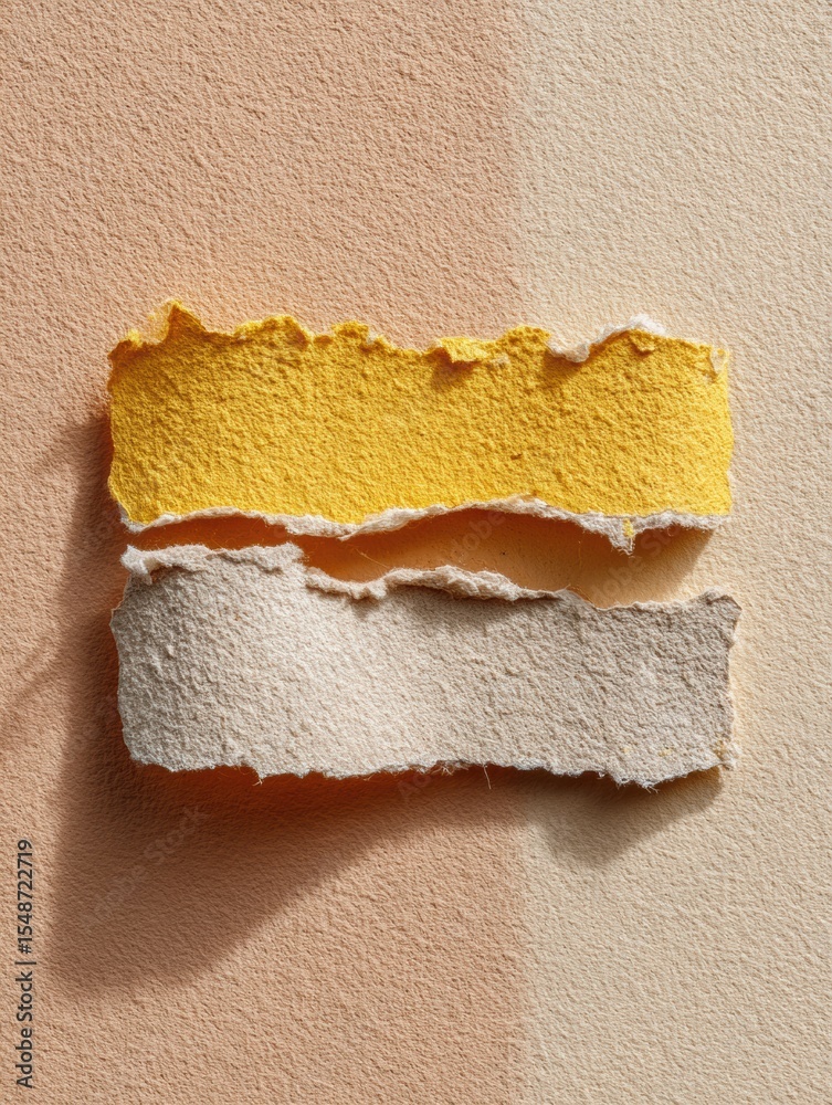 Poster modern scrapbook strips with rough textured torn edges in yellow and beige, trendy paper craft textu