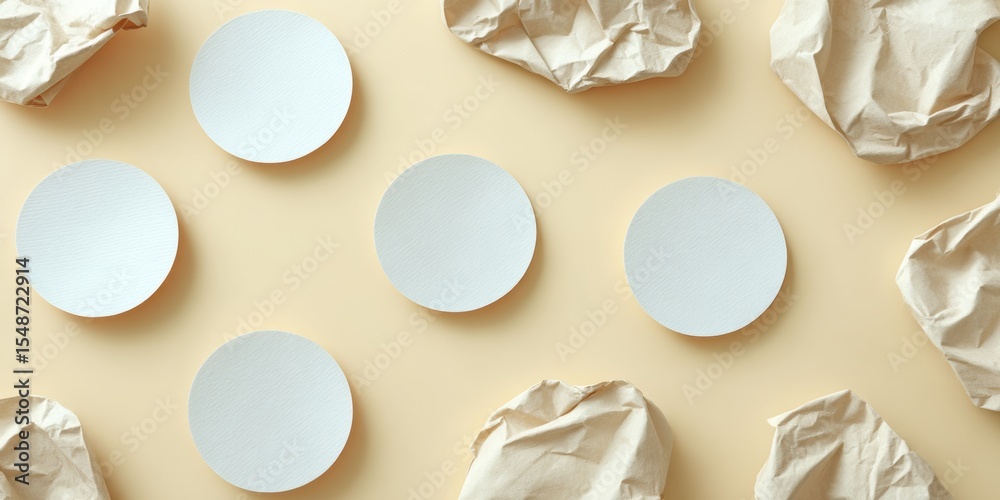 Poster Vintage Style White Circle Stickers with Page Curl Detail on Wrinkled Paper Surface for Custom Branding and Label Design in Modern Packaging Trends