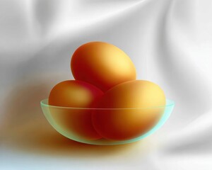 Three golden eggs in a clear bowl on a white cloth