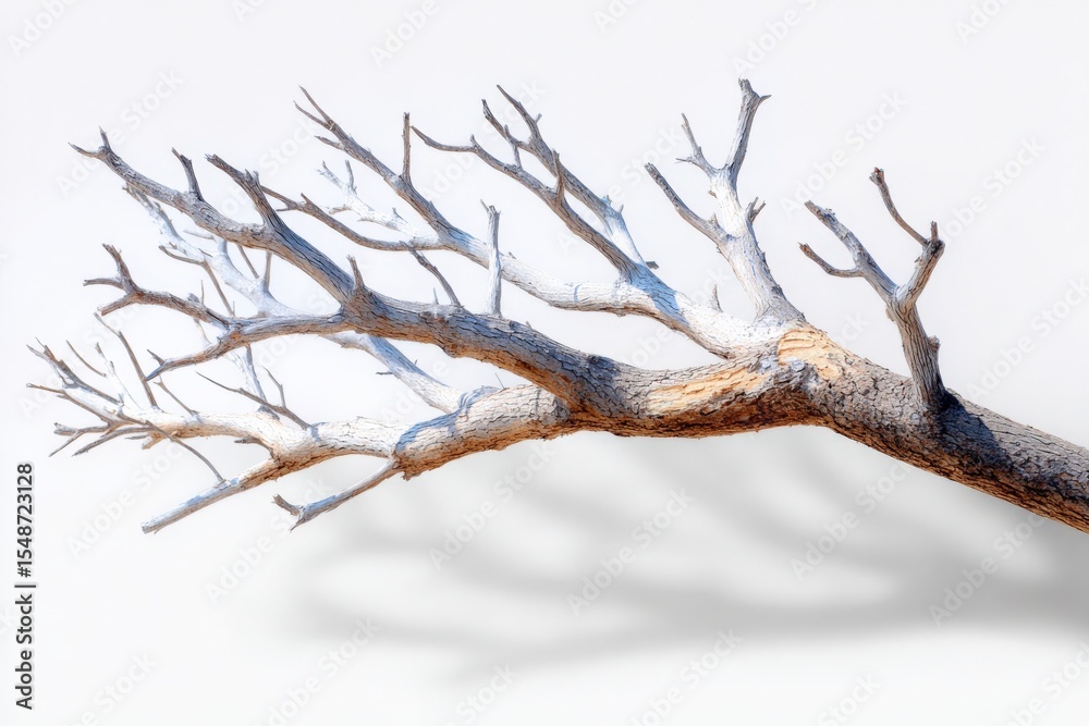 Aufkleber Detailed close-up of a dry leafless tree branch with textured bark and intricate twigs casting shadows on a plain background