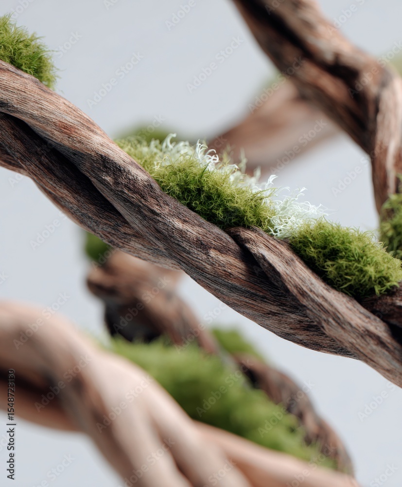 Poster close-up of twisted tree branches covered in green moss and lichen, with a blurred natural outdoor b