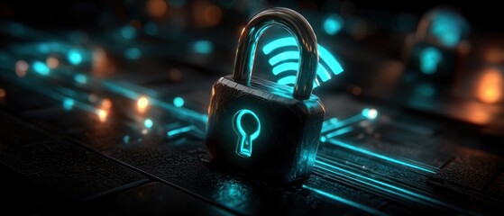 Futuristic padlock with wifi symbol on circuit board