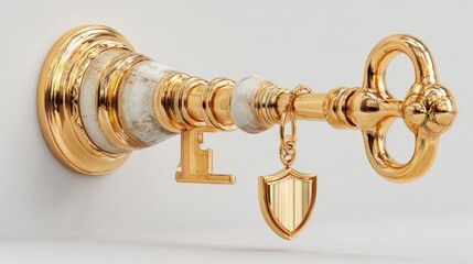 Elegant gold and white ornate vintage key with shield and cross charms hanging from bow, classic antique lock and door hardware detail