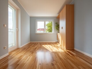 Obraz premium Bright spacious empty living room with large window and wooden wardrobe in modern home interior with hardwood floo and natural light