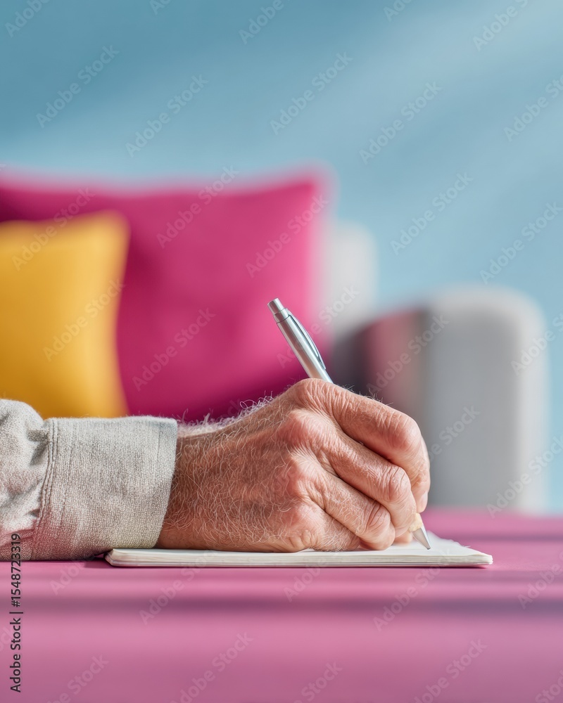 Poster location independent man writing notes in modern colorful home office with bold geometric design and