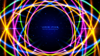 Colorful abstract background with glowing neon streaks, overlapping light, small glowing particles, and sparkle effect