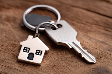 Close-up of a Silver Metal Key with a House-Shaped Keychain Toy on a Wooden Surface Background for Home Ownership or Property Keys Concept