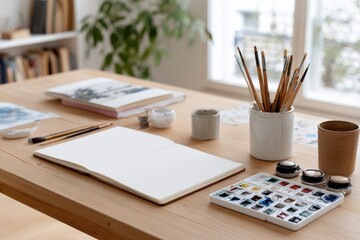 Artistic Workspace with Sketchbooks Paint Palette Paintbrushes and Stationery on Wooden Table in Bright Natural Light