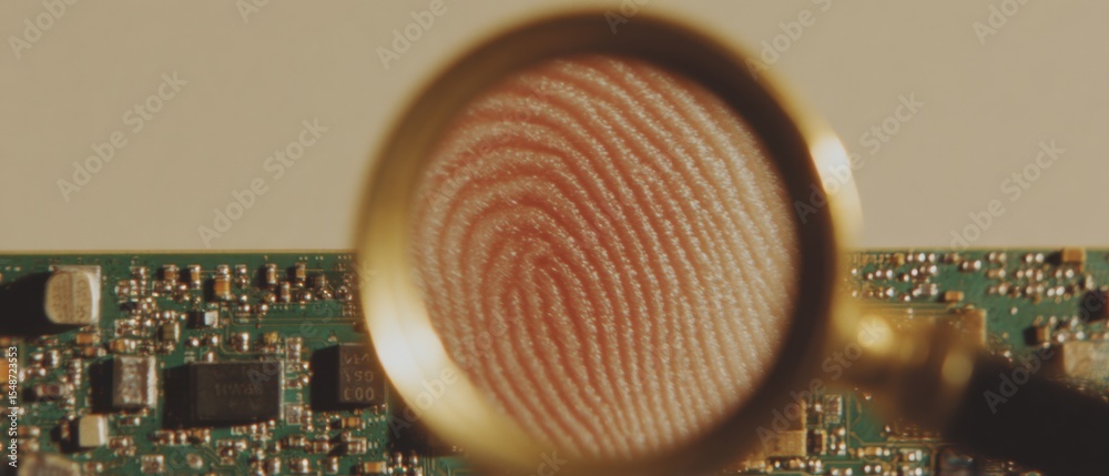 Poster warm cozy digital forensics concept with magnifying glass on fingerprint over circuit board cybersec