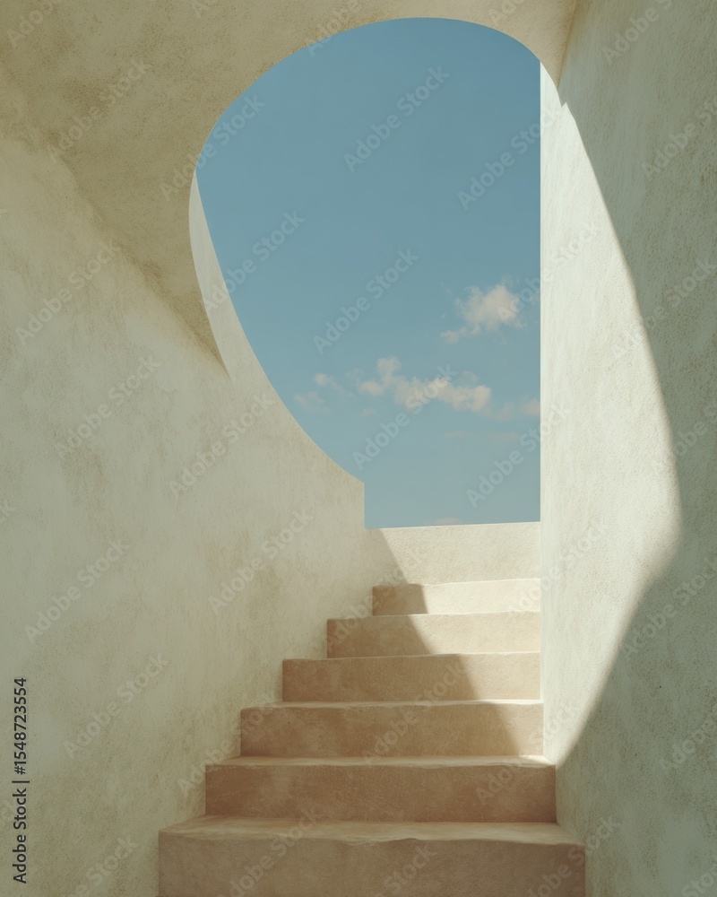 Poster minimalist interior staircase with rounded window opening to blue sky, soft curved architecture for 