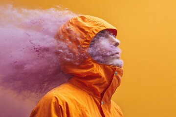 Urban Resilience in Hurricane Season Person in Orange Raincoat Battling Powerful Wind and Rain with Bold Graphic Design and Triadic Color Palette