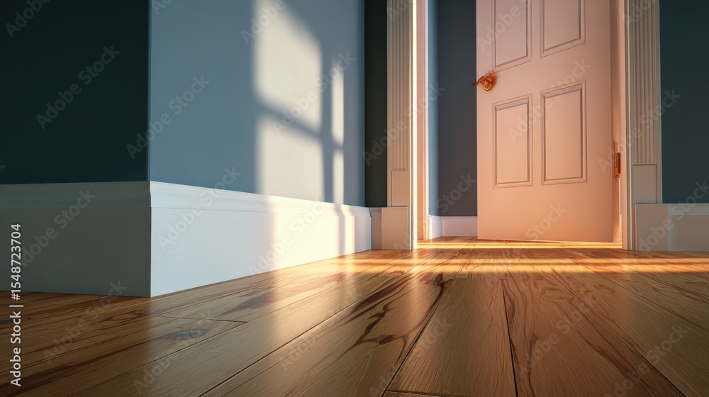 Poster Bright Sunlight Streaming Through an Open Door into a Modern Room with Wooden Floor and Shadows Creating a Warm Atmosphere