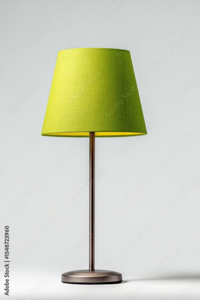 Poster modern vibrant lime green fabric table lamp with cylindrical drum shade and sleek metallic base on a