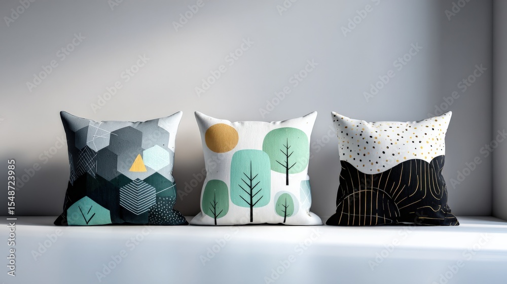 Poster modern decorative throw pillows with geometric, nature inspired, and abstract patterns in a bright m