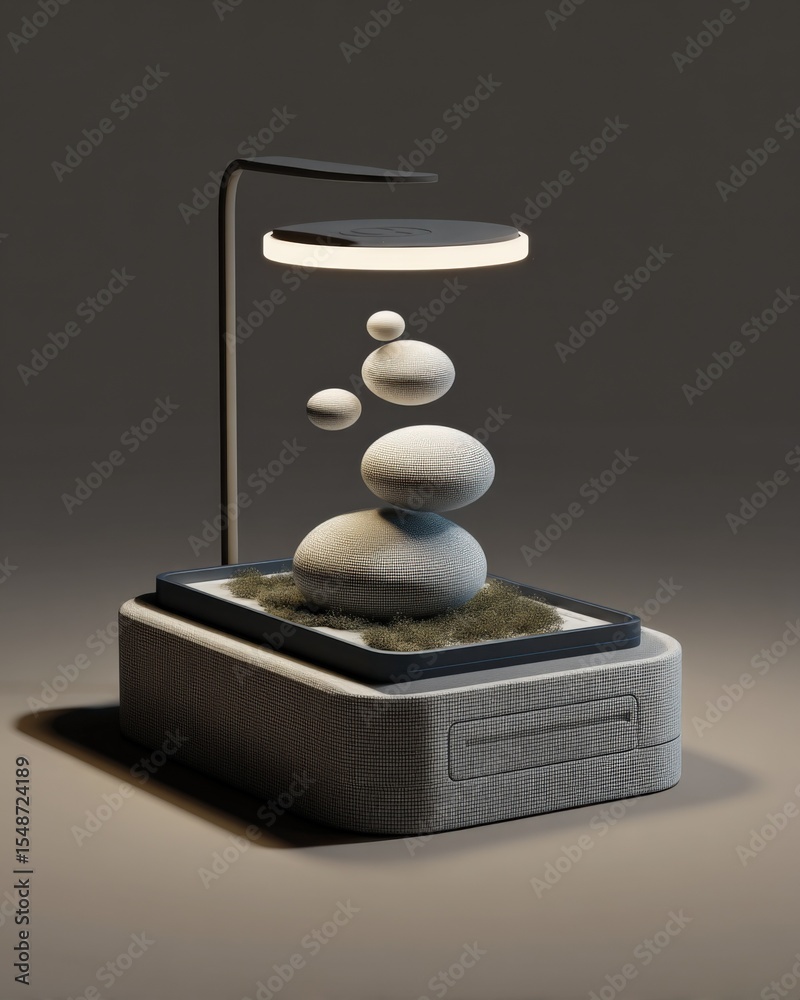 Poster modern table lamp with a sleek black arm and a unique light that illuminates a zen stone arrangement