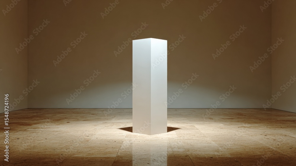 Poster Minimalist Art Installation Featu a Single Tall White Rectangular Prism Display Object on Wooden Floor in Neutral Room with Soft Lighting