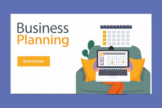 Business Planning Illustration with Person on Laptop and Calendar Graphic