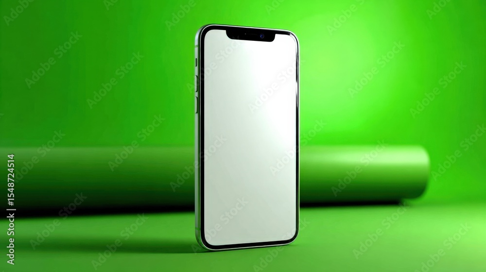 Aufkleber Modern smartphone with blank screen standing upright on a green background with a cylindrical object behind it for technology and communication concept