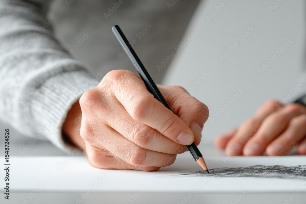 Poster close-up of a person's hand writing on a sheet of paper with a black pen in a well-lit indoor settin