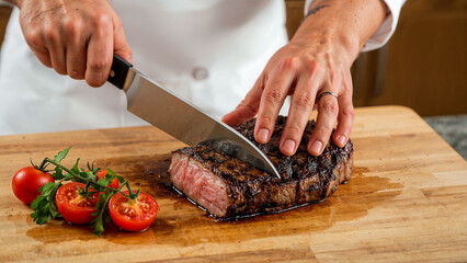 Culinary artistry a chef perfectly slices steak